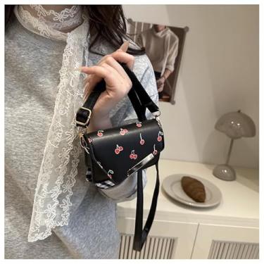 Imagem de Mini bolsa tiracolo feminina com estampa cereja – Bolsa de batom moderna de ombro pequena com fecho de zíper, Preto, Medium, Mochila casual