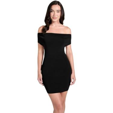 Imagem de GUESS Vestido Katiya feminino ecológico de manga curta com ombro de fora, Preto Jet, G