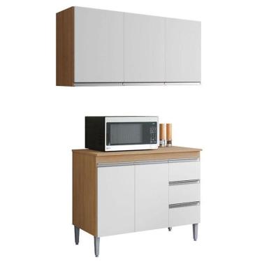 Imagem de Balcão De Cozinha Com Tampo 100cm E Armário Aéreo 3 Portas Andréia Amêndoa Branco - Ajl