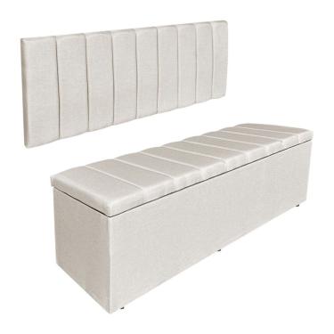Imagem de Kit Cabeceira Painel E Calçadeira Baú Casal Queen 1,60m Londres Linho Bege Dal Poz Estofados