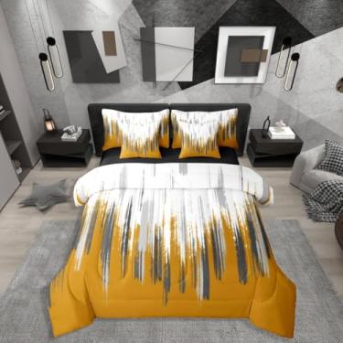 Imagem de Conjunto de cama solteiro abstrato laranja amarelo para decoração de quarto moderno e chique, pinceladas, pintura a óleo, 7 peças, grafite, ombré, listrado, em uma bolsa, arte contemporânea, vintage