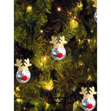 Imagem de 2 peças de decorações de Natal com bolas de laser brilhantes e ornamentos de chifre de rena, adequadas para cenários de festas, lareiras, grades de escada e decorações de atmosfera festiva.