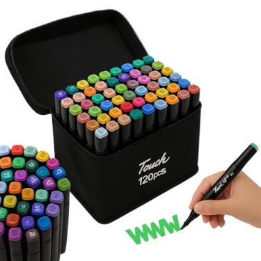 Imagem de Kit 120 Canetinhas Marcador Com Estojo Ponta Dupla Para Desenho Profissional Infantil Cores Vibrantes Premium