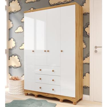 Imagem de Guarda Roupa Infantil Júnior 4 Portas E 3 Gavetas Branco Brilho/amêndoa - Móveis Peroba