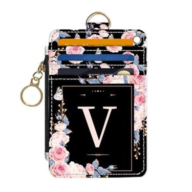 Imagem de Carteira fina para cartão de crédito, letra V, carteira RFID, bolso frontal pequeno com zíper, couro sintético fino para viagem, bloqueio de RFID, janela para identidade, presentes femininos