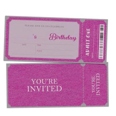 Imagem de ZARYFANCHY Convites de festa de aniversário com glitter rosa, convites de aniversário de ingresso VIP estilo rosa, 20 cartões de convites de preenchimento com envelopes, decorações de festa e