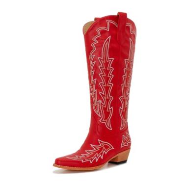 Imagem de Souactimuy Botas femininas caubói de panturrilha larga, plus size, cano alto, estilo ocidental, sem cadarço, bico fino, salto baixo grosso, Vermelho, 12 Wide