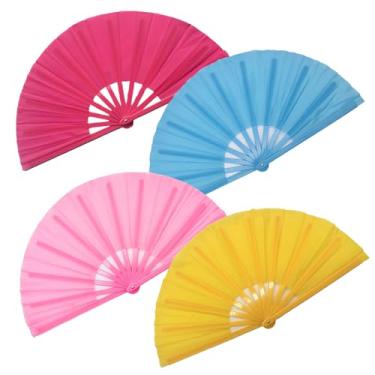 Imagem de Yet Feng 4 peças de leques para dança de linha, 33 cm grandes fãs de dança dobráveis à mão com encaixe alto, fãs de bater palmas e estourar rave para botas no chão, festival, festa (amarelo + rosa +