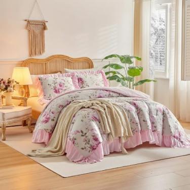 Imagem de UOZZI BEDDING Conjunto de edredom com babados, estampa floral, reversível, 800 fios, para adultos, para meninas, 1 edredom de microfibra com 2 fronhas URBZ01-Q