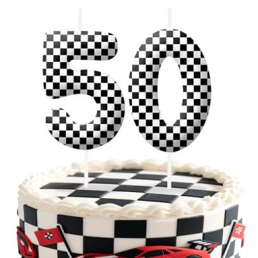 Imagem de Velas de aniversário número 50 de carros de corrida, preto e branco, topo de bolo com tema de bandeira quadriculada para meninos e meninas, decorações de bolo para aniversários, suprimentos de festa