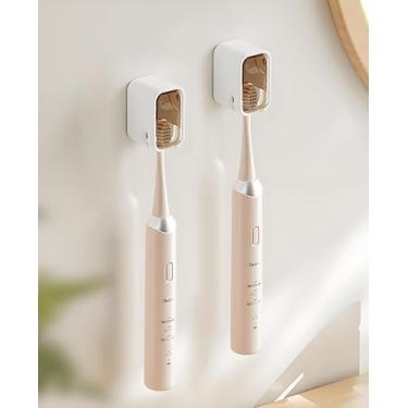 Imagem de Suportes de escova de dentes para banheiro montados na parede - 2 peças de suporte de escova de dentes elétrico autoadesivo com capa para chuveiro, compartimento único à prova de poeira, dispensador