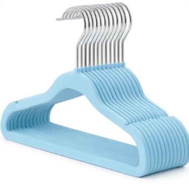 Imagem de Cabides de Veludo Infantil Ultrafino, Azul, Plástico Revestido com Veludo e Metal Cromado, 28 x 18 cm, Antideslizante, 12 Unidades