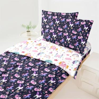 Imagem de Dearller Roupa de cama de unicórnio, solteiro, roxo, unicórnio, edredom para meninas, tudo em um, com zíper, roupa de cama infantil