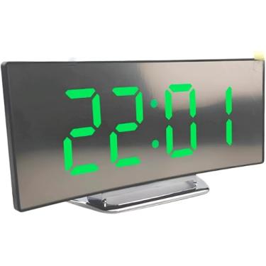 Imagem de Relógio Digital LED de Mesa, Display Espelhado, Tela Curva 17cm, Temperatura Dupla °C/°F, Alimentação USB/Pilhas AAA, Alarme, Visor Verde