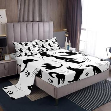 Imagem de Jogo de lençol casal com silhueta de cachorro, 4 peças, microfibra macia, desenho de cachorro, preto, branco, para crianças, adolescentes e adultos