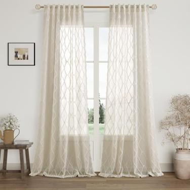 Imagem de Cortinas transparentes naturais de 260 cm de comprimento, 2 painéis, aba traseira, bolso traseiro verde claro, boho, cortina para casa de fazenda, filtragem de luz, privacidade, bordada, texturizada