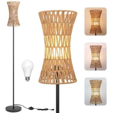 Imagem de Ruiever Luminária de chão para sala de estar, luminária de chão de vime de cintura fina, luminária de pé moderna com persiana de vime boêmia, lâmpada alta preta com interruptor de pé