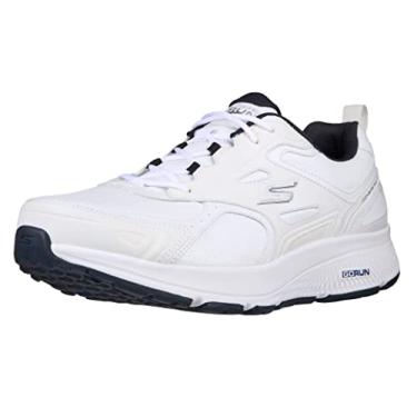Imagem de Skechers Tênis masculino Go Run Run de couro consistente para treino com espuma resfriada a ar, Branco/Azul marinho, 10.5