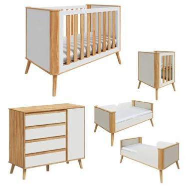 Imagem de Berço Theo Mini Berço Com Cômoda Quarto De Bebê MDF Off White Amendoa