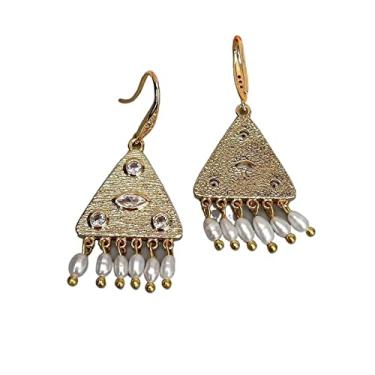 Imagem de Brincos femininos estilo escritório, natural, cultivados em água doce, arroz branco, pérola, banhado a ouro, triangular