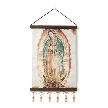Imagem de HZMAN Pintura de Virgem Maria Retrô Feito à Mão Decoração de Parede Santa Nossa Senhora Guadalupe Imagem Estética para Sala de Estar Quarto Moldura de Madeira 43 x 30 cm
