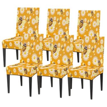 Imagem de hongjinglin Conjunto de 6 capas elásticas para cadeira de sala de jantar, capa protetora de assento de abelha, estampa de margarida, fofa, removível, lavável, para cozinha, casa, hotel, banquete
