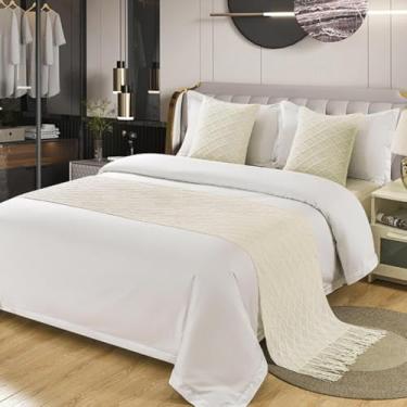 Imagem de Cachecol de cama de cor sólida com borla, corredor de sofá de tecido decorativo, costura resistente, resistente ao desbotamento, antiderrapante, perfeito para estilo de quarto de hóspedes - branco||60