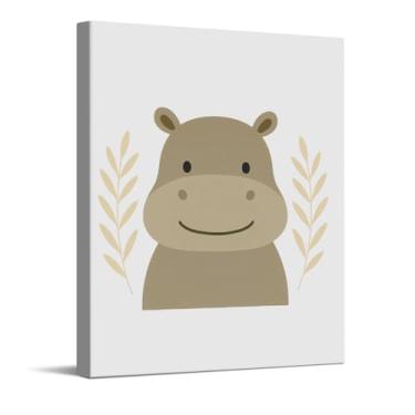 Imagem de Ilustração de hipopótamo fofo, arte de parede em tela de safári, decoração de parede de animal de bebê para quarto de bebê, presentes para meninos e meninas, pôster emoldurado de berçário 20 x 25 cm