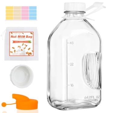 Imagem de Garrafa de leite de vidro de 2 litros com alça, jarro de água com balança/saco de leite de nozes/bico de despejo/tampa hermética, jarra reutilizável para leite, chá, suco, bebida de café - 1 litro