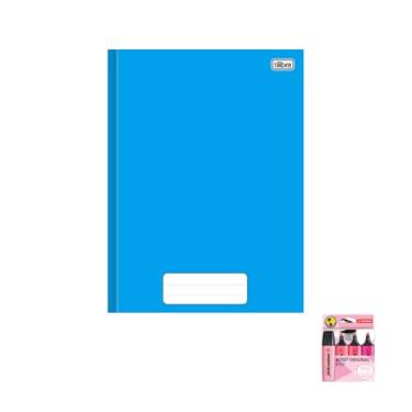 Imagem de Kit Caderno Brochura Capa Dura Azul 80 Folhas Tilibra + Caneta Esferográfica Spiro Azul e Preta 24 Unidades + Marca Texto Boss 4 Cores Pink