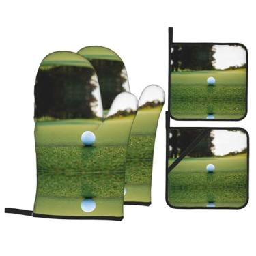 Imagem de Conjunto de luvas de cozinha estampadas para golfe com suportes de tampa, luvas de forno resistentes ao calor para manusear panelas quentes, grelhar, churrascos, kit de 4 peças.