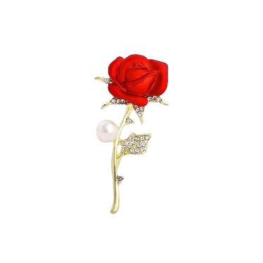 Imagem de Just Follow Broche de flor rosa vermelha com strass brilhante broche floral para mulheres blazer vintage vestido chapéu cachecol acessório, Large, Metal, Sem Pedra Preciosa