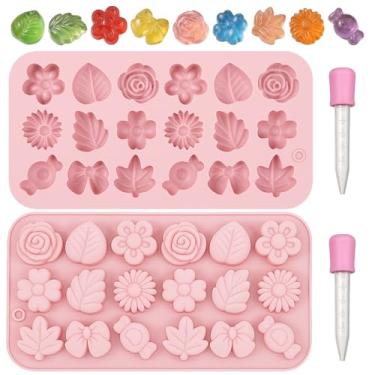 Imagem de Qianyu 2 peças molde de silicone para chocolate, margarida, flor, laço, folha, gelatina, moldes florais para doces com 2 conta-gotas para fazer sobremesas, fazer pudim de gelo, sabonete, biscoitos