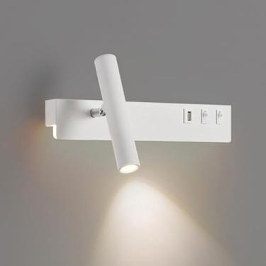 Imagem de Arandela de parede giratória para cabeceira, luminária de parede LED com porta USB/interruptor, 3 modos de cor, luz de destaque para quarto, sala de estar e hotel, 7W+3W