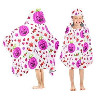 Imagem de Burbuja Pumpkins Candy Pieces Toalha de banho com capuz para crianças, toalha de praia de pelúcia macia absorvente para meninas e meninos 3-10 anos, 61 x 127 cm