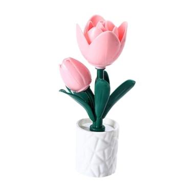 Imagem de Ｂｅｓｇａ Luminária de mesa em formato de flor, luminária decorativa fofa em formato de blocos de montar, luz ambiente para armário, sala de estar e quarto, Tulipa
