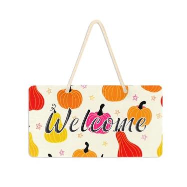Imagem de Burbuja Placa de boas-vindas de abóboras de Halloween para porta da frente, placa de boas-vindas de PVC para decoração de férias de casa de fazenda, 15 x 28 cm