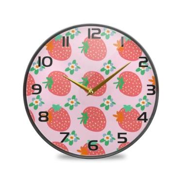 Imagem de YETTASBIN Relógio de parede de acrílico Morangos - Silencioso, sem tique-taque, operado por bateria, relógio redondo decorativo criativo para cozinha, sala de estar, banheiro, decoração de escritório