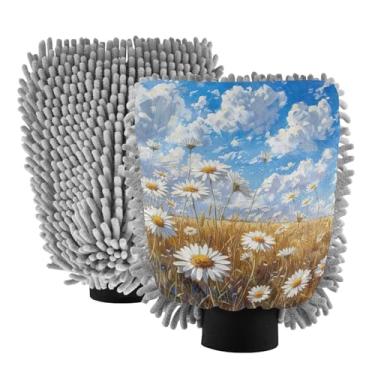 Imagem de Kigai Luva de microfibra para lavagem de carro Blooming Daisies, 2 peças sem fiapos, luva de microfibra de chenille premium escova de lavagem de carro - M