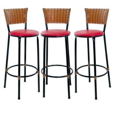Imagem de JOGO DE 3 BANQUETAS ALTA DE COZINHA AREA GOURMET MOVEIS DE JUNCO AREA(Vermelho)