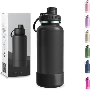 Imagem de Garrafa Térmica 1000ML - Duplamente Isolada a Vácuo, Aço Inox 304, Capa Protetora da Base de Silicone, Mantém Bebidas Gelada 24 horas e Quente 12 horas (Preto Wide)