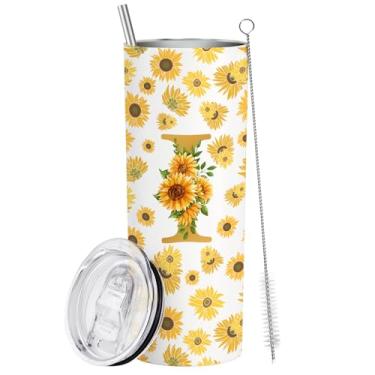 Imagem de Presentes para amantes de girassol, presentes de girassol para mulheres, aniversário, inicial (I), copo de vinho de aço inoxidável, 590 ml, presentes perfeitos para mulheres, aniversário, Natal, mães,