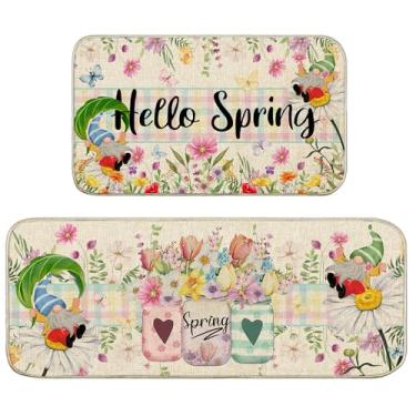 Imagem de Unibyby Tapetes de cozinha de primavera, flores florais de primavera, tapete de cozinha para chão, tapetes e tapetes de cozinha xadrez xadrez de búfalo, antiderrapante, lavável, conjunto de 2