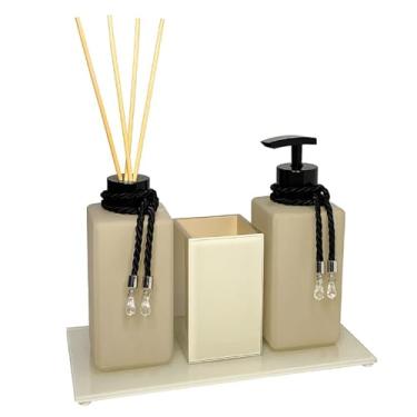 Imagem de Kit Lavabo Bege Luxo de Vidro 250ml com Bandeja Espelhada – Saboneteira e Difusor de Aromas Decorativo para Banheiro e Lavabo (Preto,COM BANDEJA)