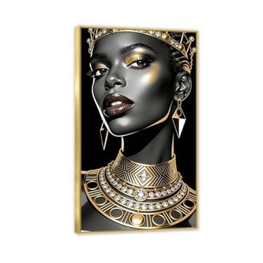 Imagem de Decoração de parede de arte africana preta e dourada pintura de retrato feminino elegante arte de parede afro-americana para decoração de casa sala de estar quarto 60 x 100 cm (24 x 39 pol) moldura