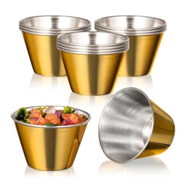 Imagem de Fit Meal Prep Pacote com 12 copos de molho dourados de aço inoxidável de 118 ml, ramequins de metal reutilizáveis, tigelas de condimento de grau comercial, copos de porção individual, copo redondo