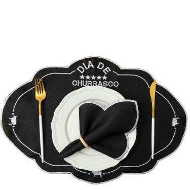 Imagem de Kit 24 Peças Jogo Americano e Guardanapo Churrasco Preto e Branco Poliéster Bordado 12 Lugares 50x35cm