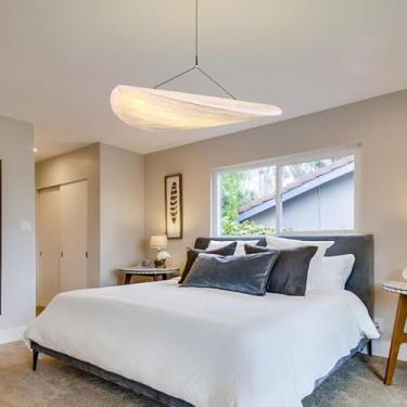 Imagem de Luminária pendente moderna de seda com LED, grande e branca, estilo nórdico, com altura ajustável, lustre Wabi Sabi Deco para sala de estar, ilha de cozinha e sala de jantar.