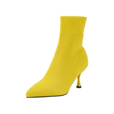 Imagem de Botas femininas de malha com bico fino e salto bloco para uso diário casual botas confortáveis, Amarelo, 36
