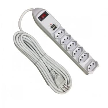 Imagem de Extensão Elétrica 6 Tomadas com 2 Portas USB, Cabo 5 Metros, Bivolt 127V/220V, Tripolar Padrão NBR-14136, 10A, Preto, Uso Doméstico